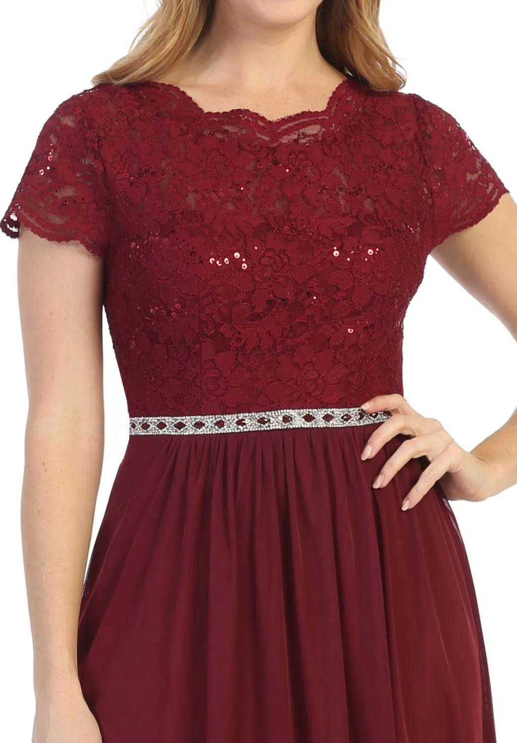 Celavie 6469 Lace Top Long A-Line Chiffon Dress with Short Sleeves