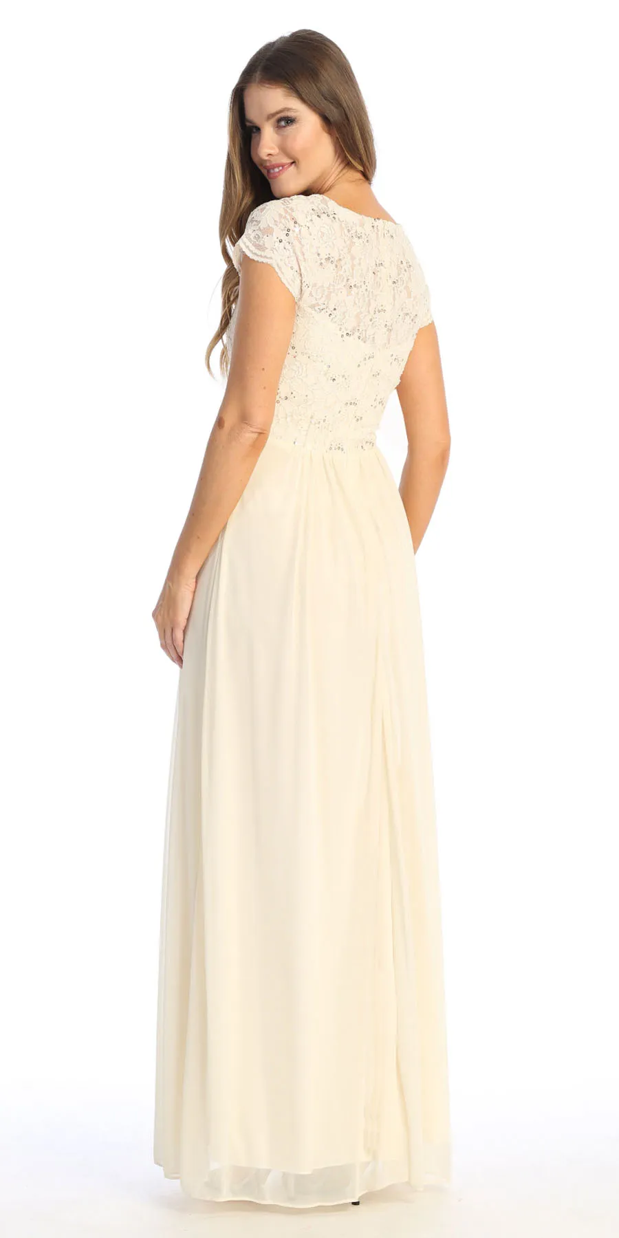 Celavie 6469 Lace Top Long A-Line Chiffon Dress with Short Sleeves