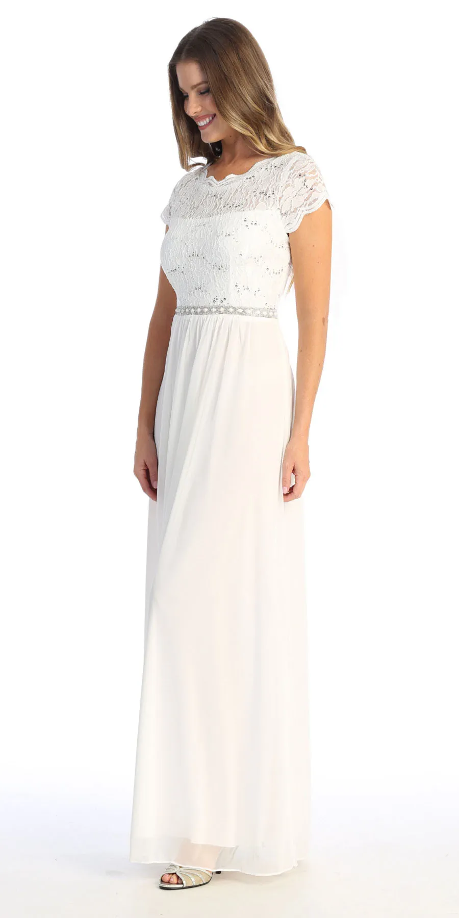 Celavie 6469 Lace Top Long A-Line Chiffon Dress with Short Sleeves