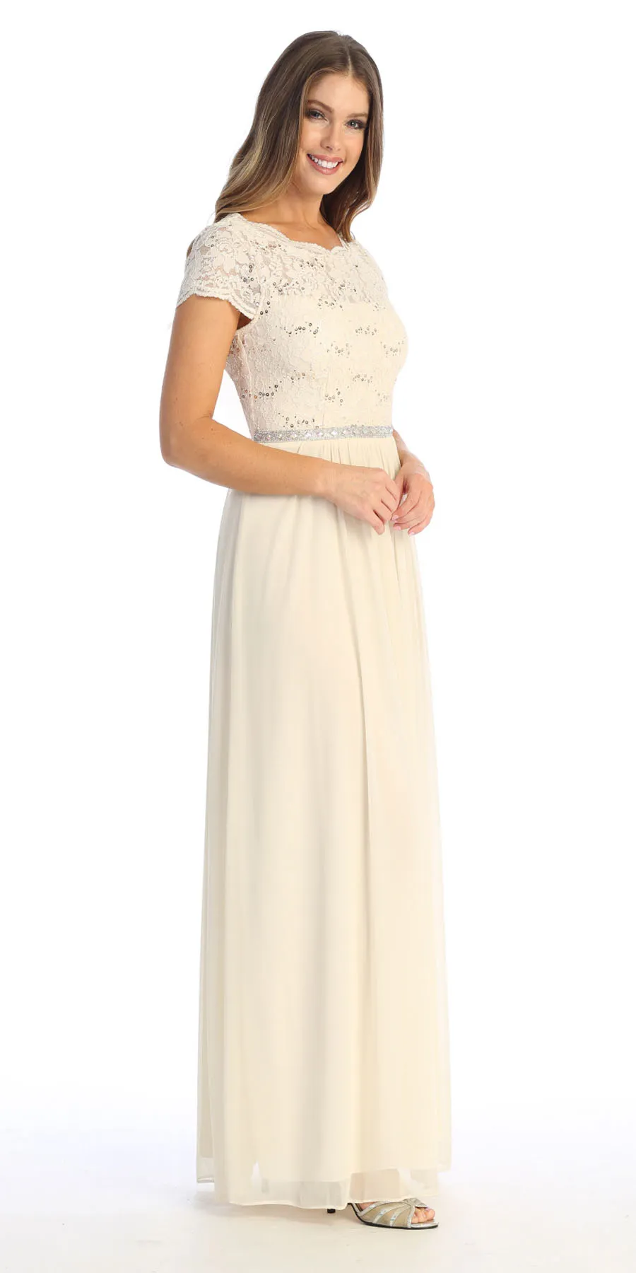Celavie 6469 Lace Top Long A-Line Chiffon Dress with Short Sleeves