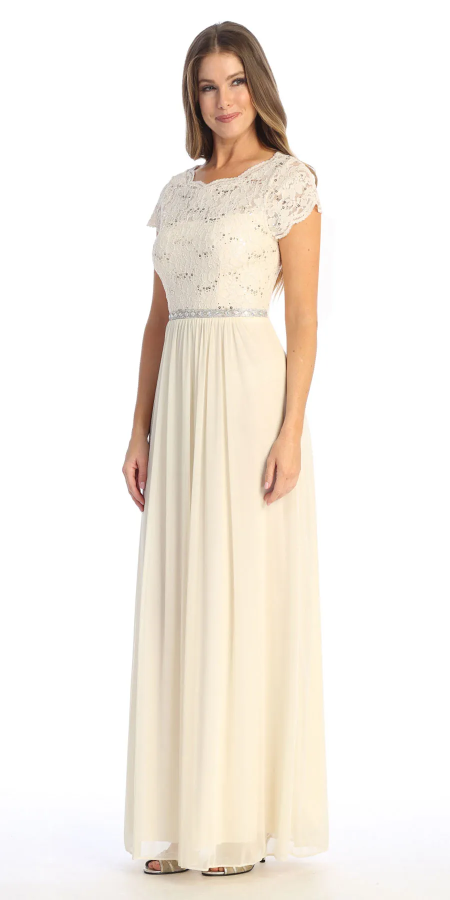 Celavie 6469 Lace Top Long A-Line Chiffon Dress with Short Sleeves