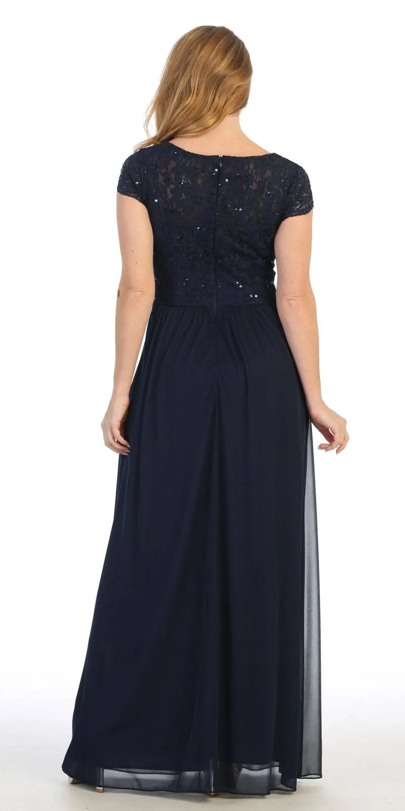 Celavie 6469 Lace Top Long A-Line Chiffon Dress with Short Sleeves