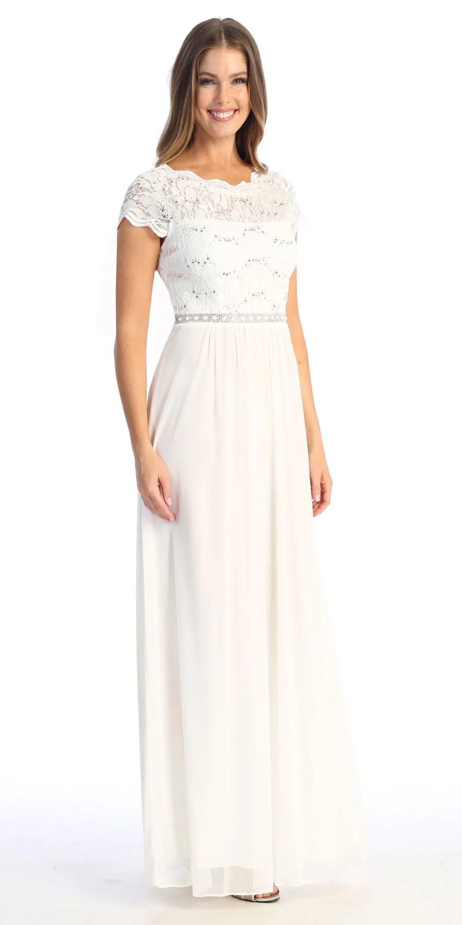 Celavie 6469 Lace Top Long A-Line Chiffon Dress with Short Sleeves