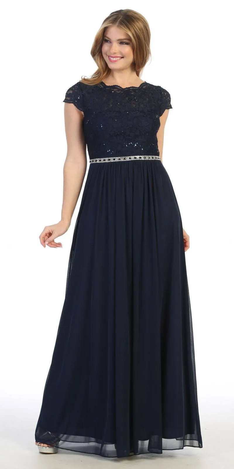 Celavie 6469 Lace Top Long A-Line Chiffon Dress with Short Sleeves
