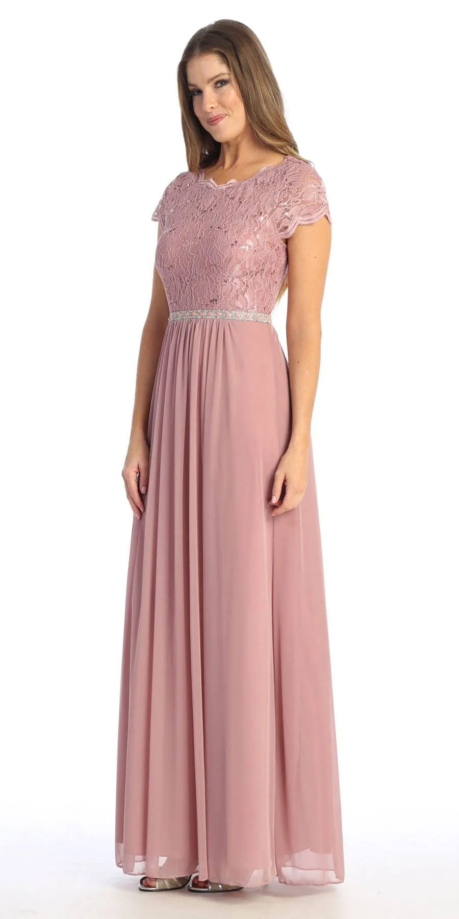 Celavie 6469 Lace Top Long A-Line Chiffon Dress with Short Sleeves