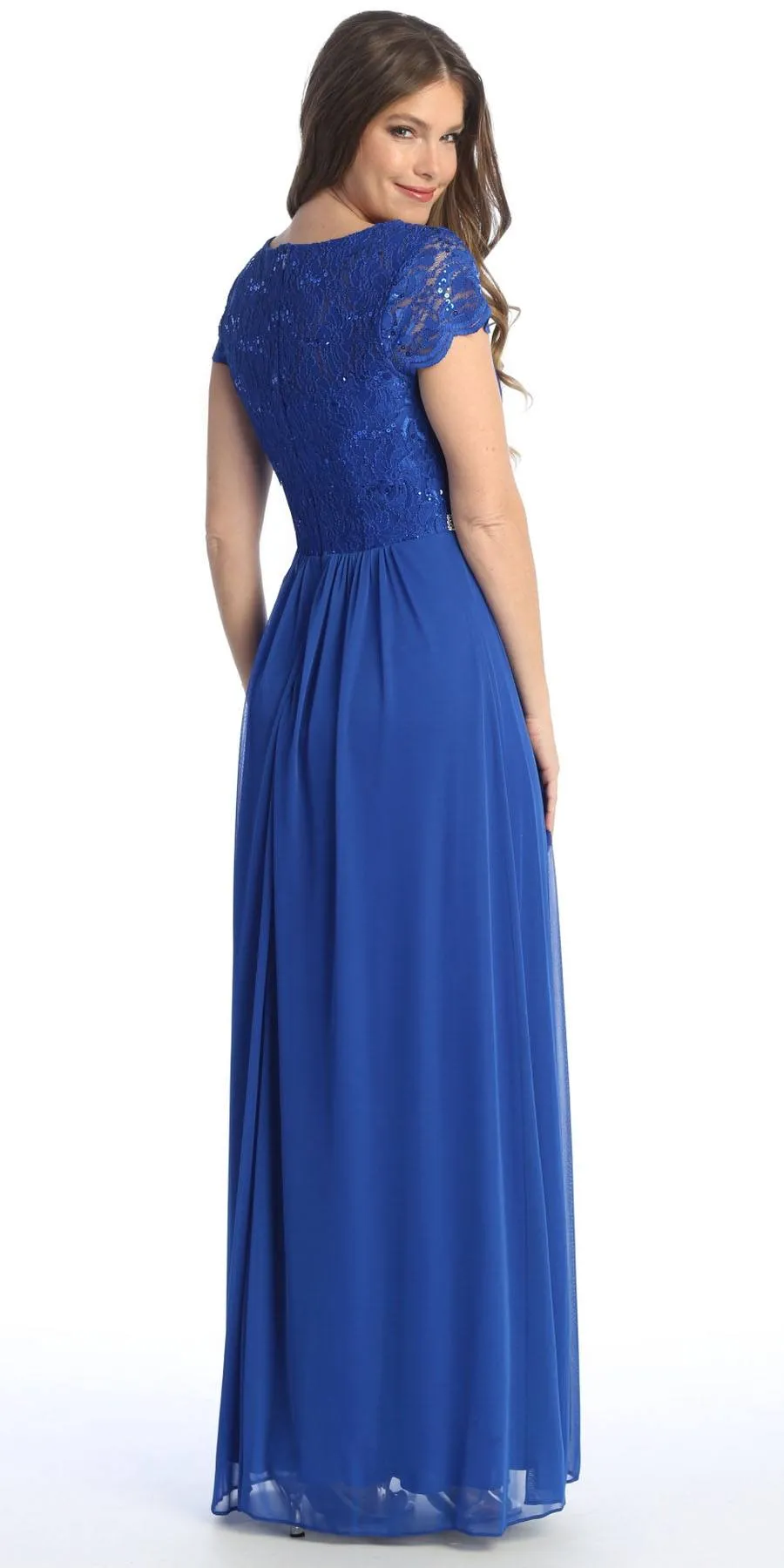 Celavie 6469 Lace Top Long A-Line Chiffon Dress with Short Sleeves