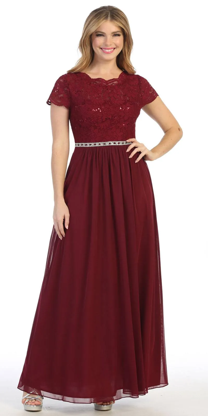 Celavie 6469 Lace Top Long A-Line Chiffon Dress with Short Sleeves