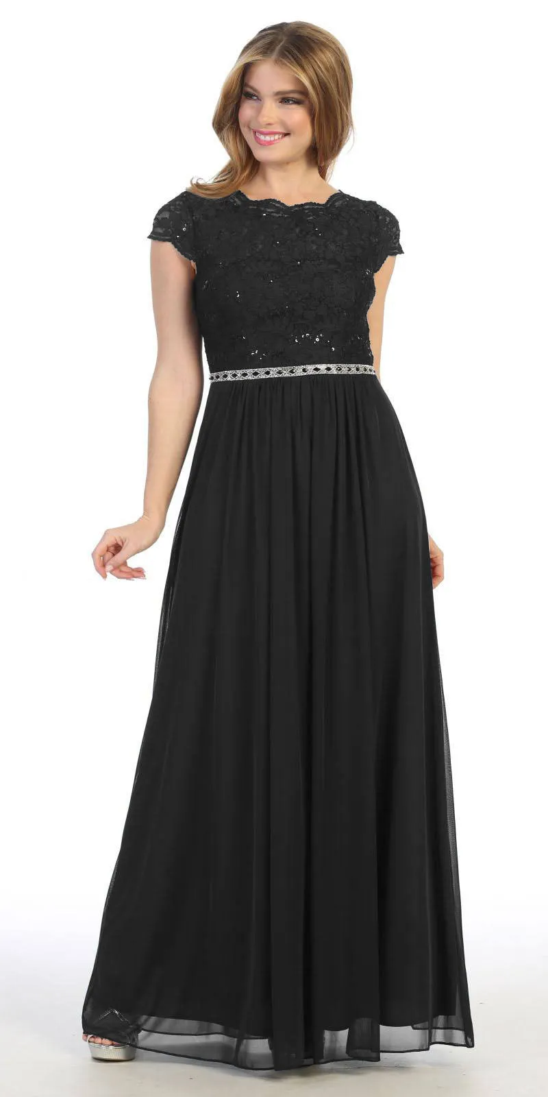 Celavie 6469 Lace Top Long A-Line Chiffon Dress with Short Sleeves