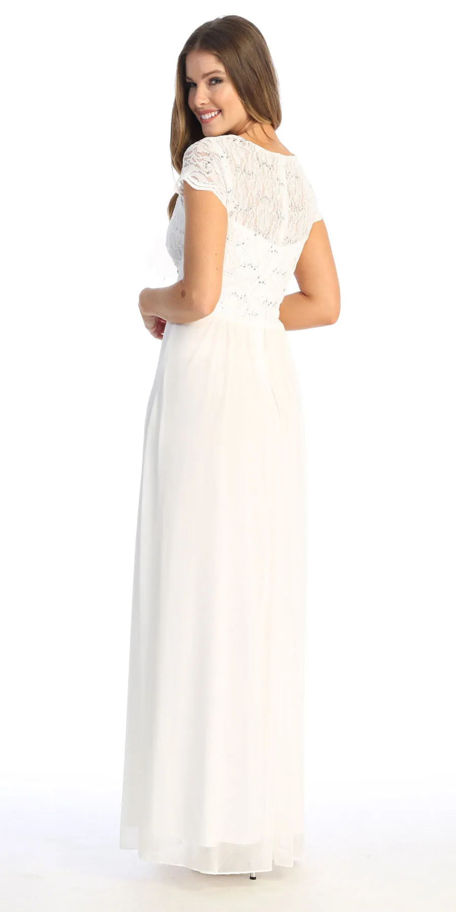 Celavie 6469 Lace Top Long A-Line Chiffon Dress with Short Sleeves