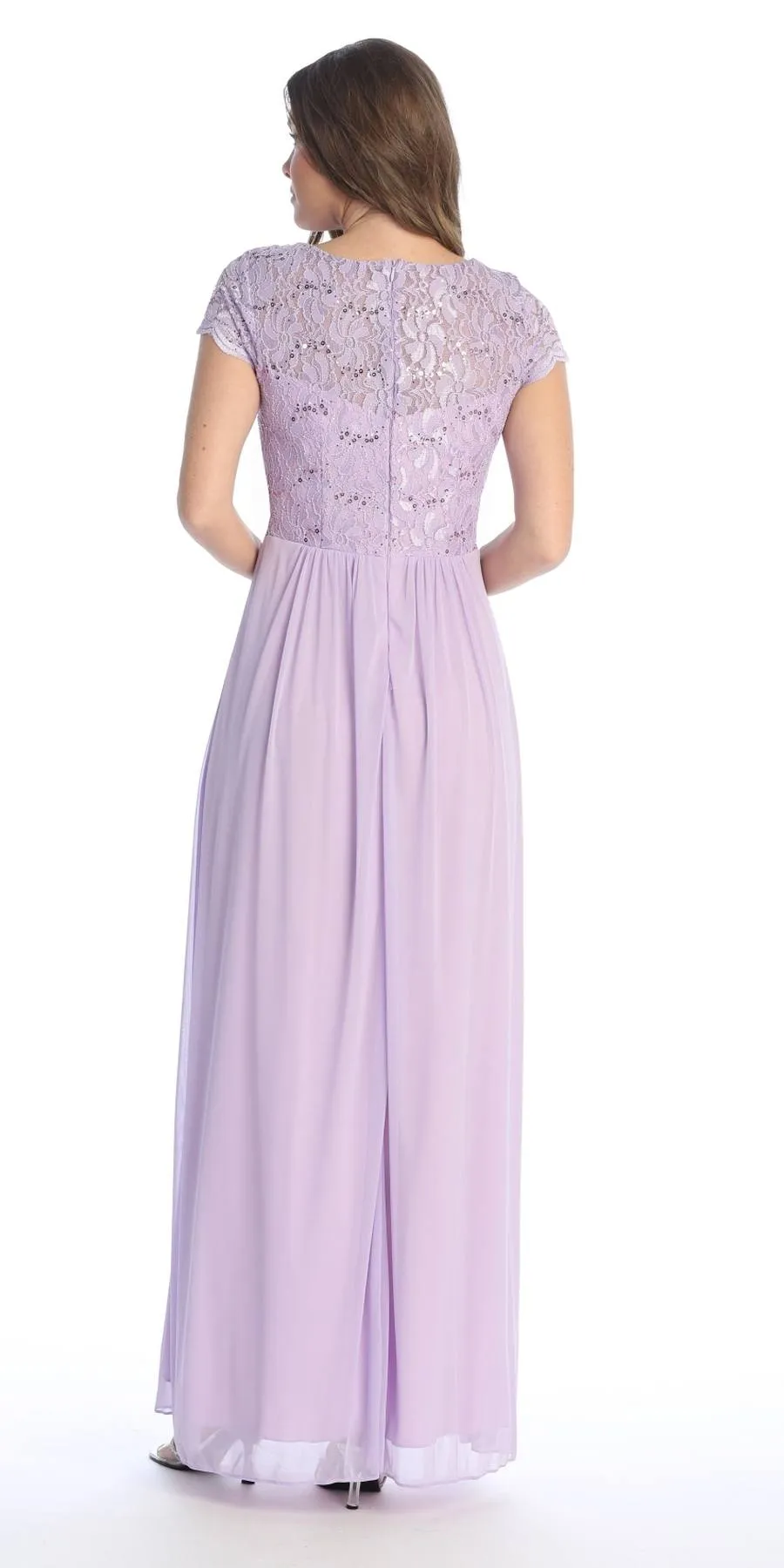 Celavie 6469 Lace Top Long A-Line Chiffon Dress with Short Sleeves