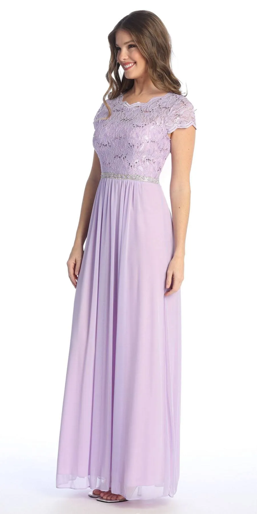 Celavie 6469 Lace Top Long A-Line Chiffon Dress with Short Sleeves