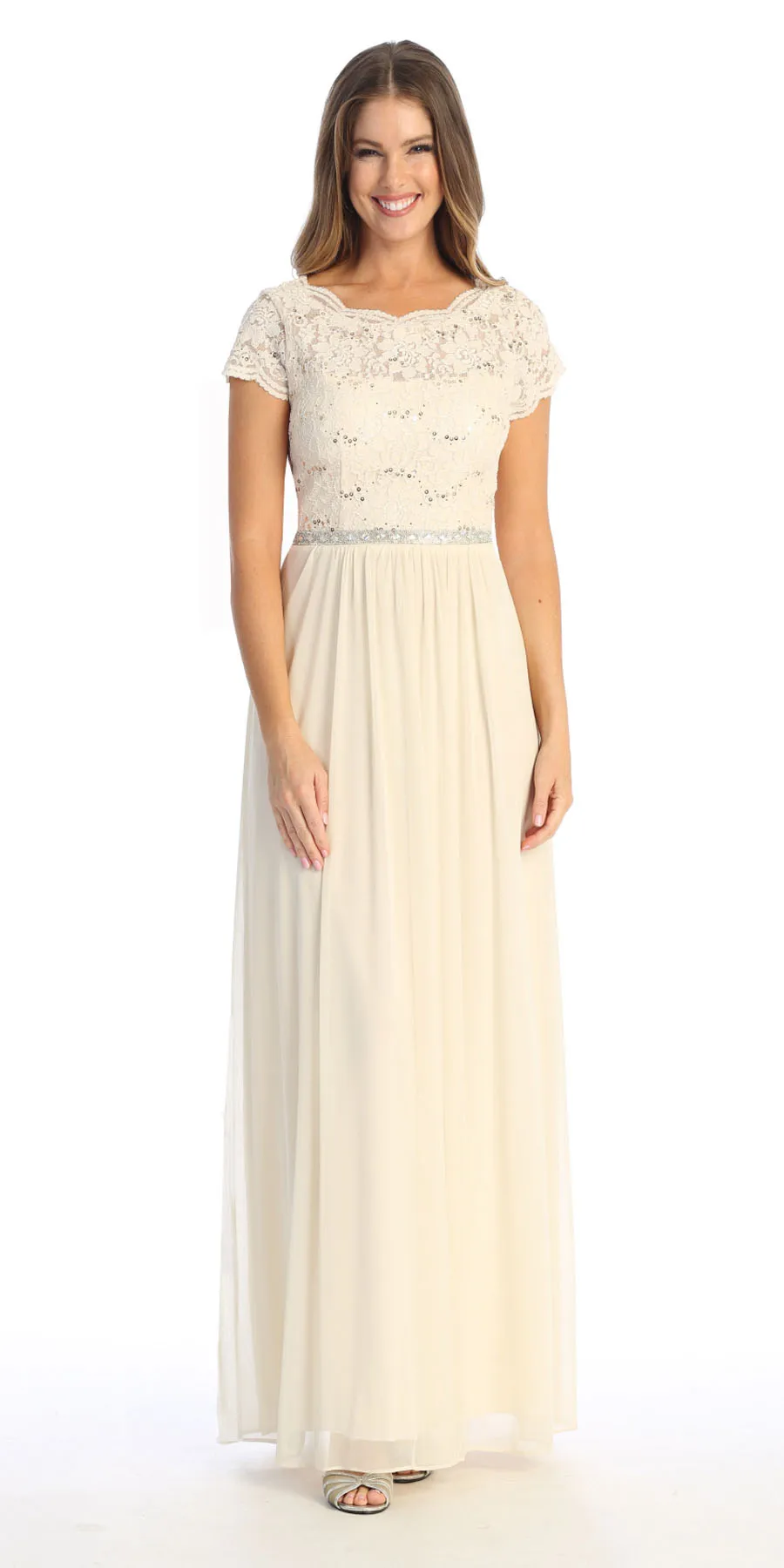 Celavie 6469 Lace Top Long A-Line Chiffon Dress with Short Sleeves