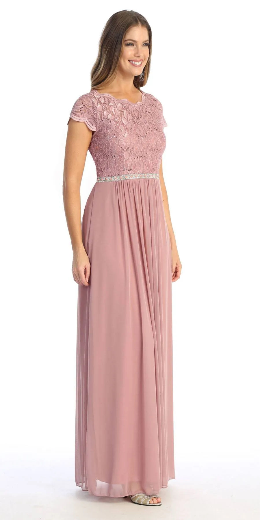 Celavie 6469 Lace Top Long A-Line Chiffon Dress with Short Sleeves