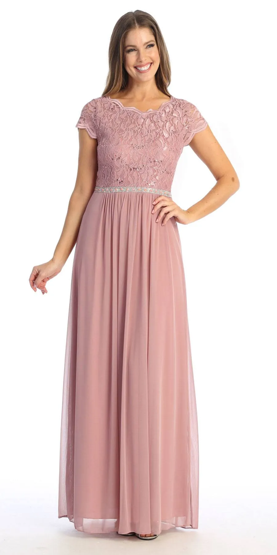 Celavie 6469 Lace Top Long A-Line Chiffon Dress with Short Sleeves