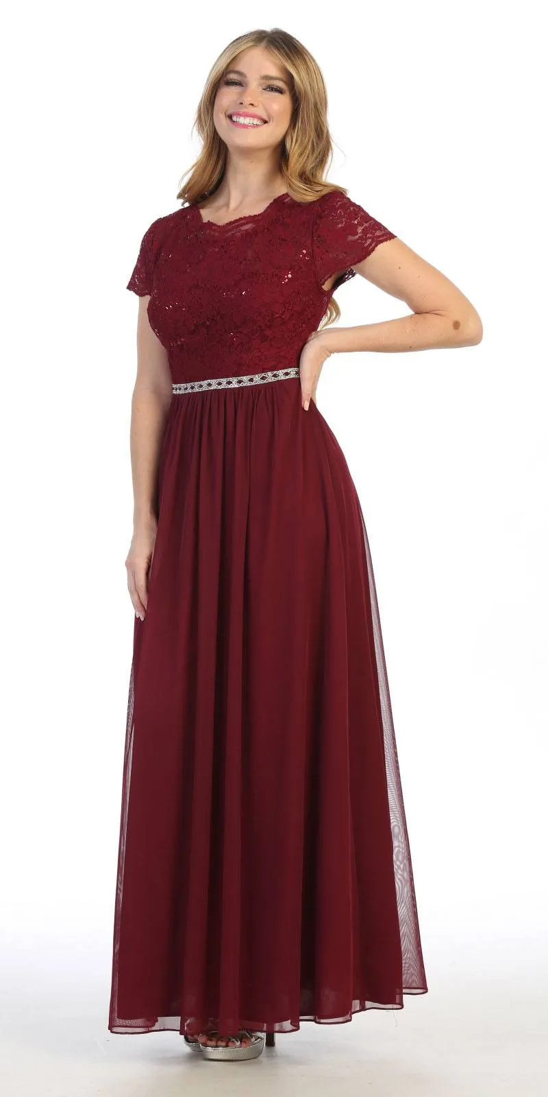 Celavie 6469 Lace Top Long A-Line Chiffon Dress with Short Sleeves