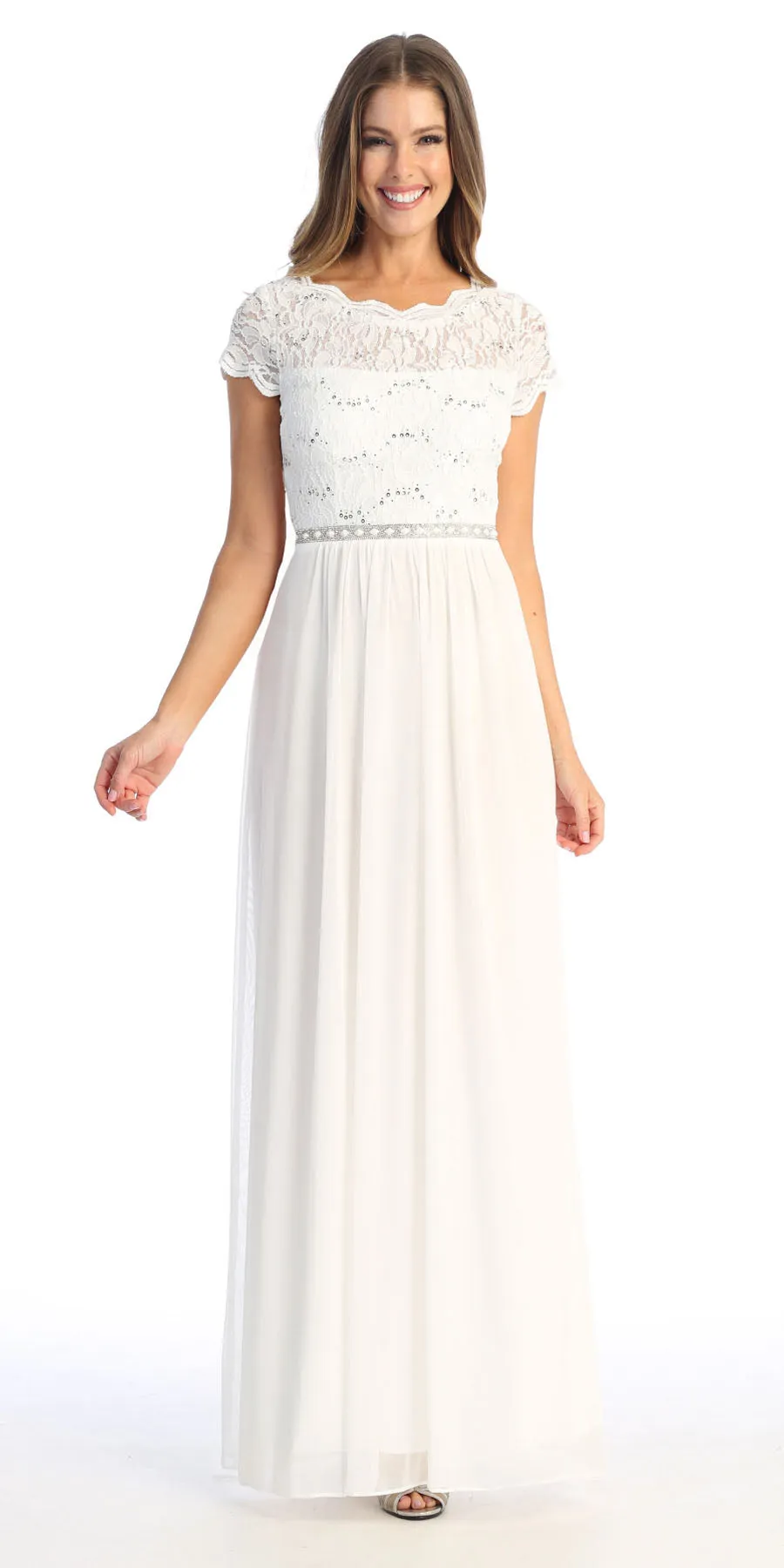 Celavie 6469 Lace Top Long A-Line Chiffon Dress with Short Sleeves