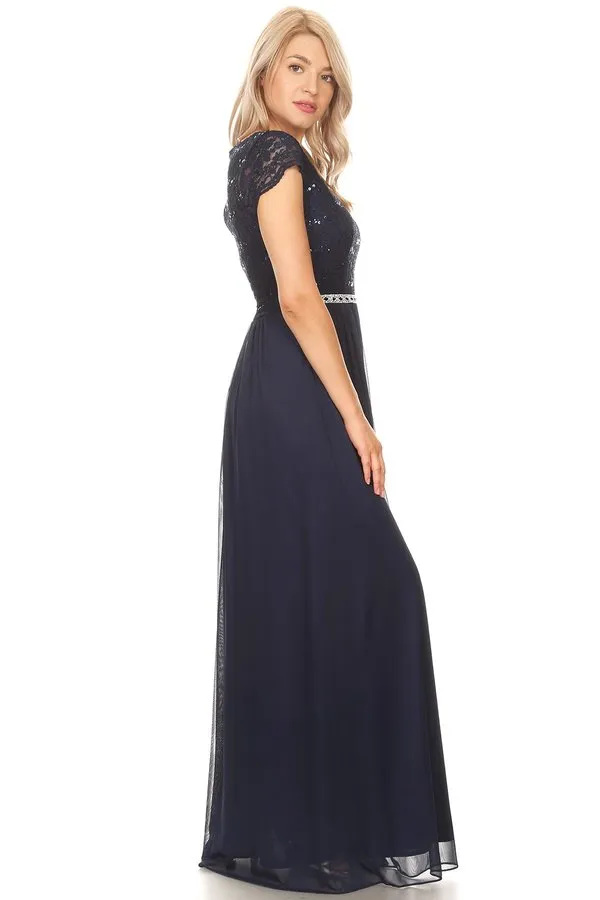 Celavie 6469 Lace Top Long A-Line Chiffon Dress with Short Sleeves