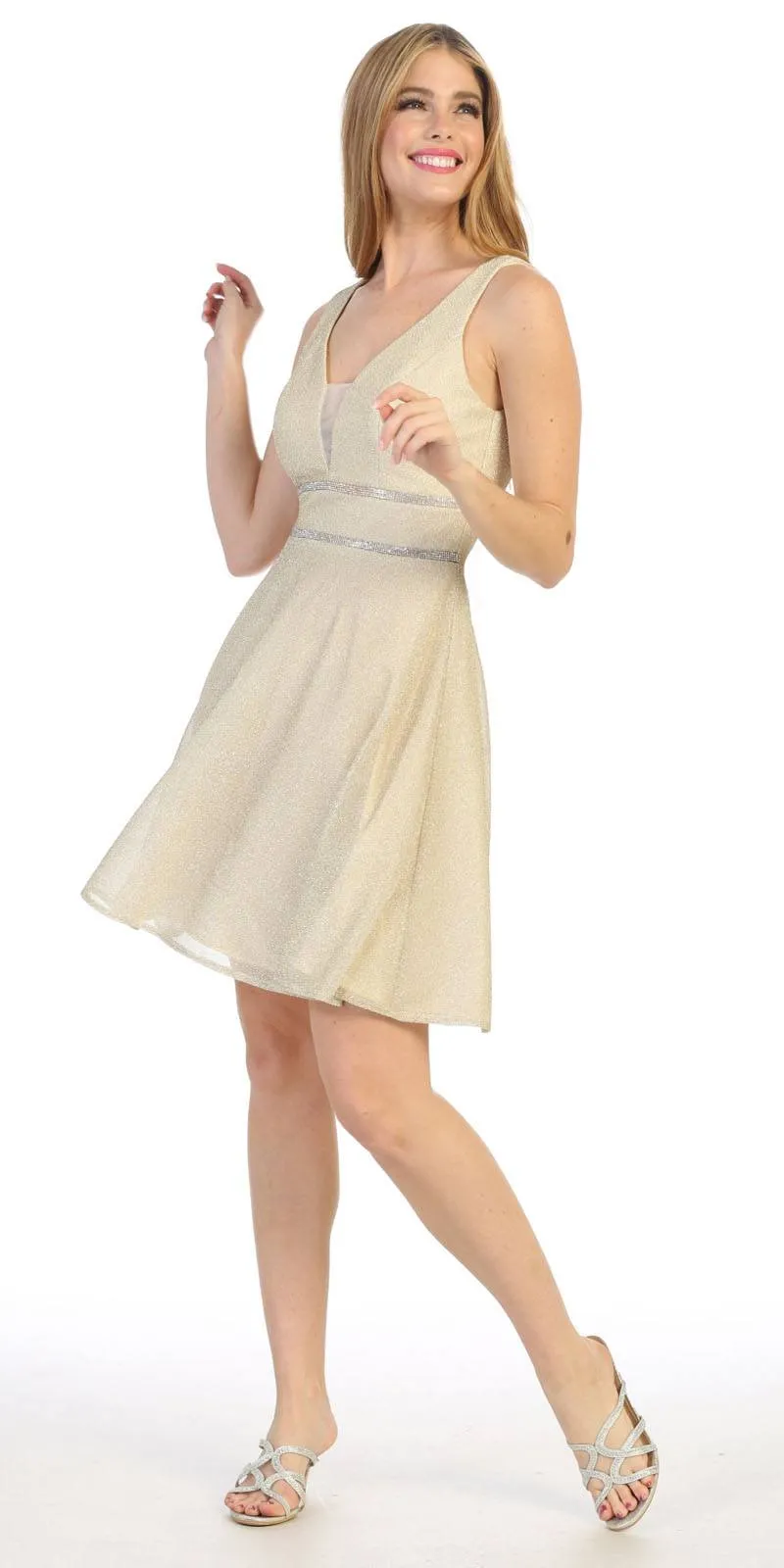 Celavie 6495S Short V-Neck and Back A-Line Dress