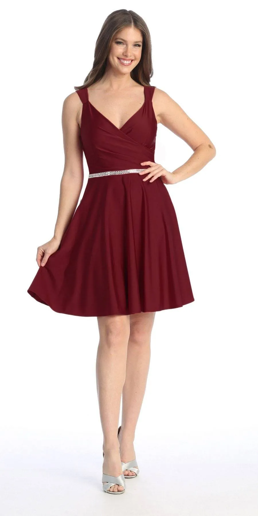Celavie 6547-S Short V-Neckline Evening A-Line Dress