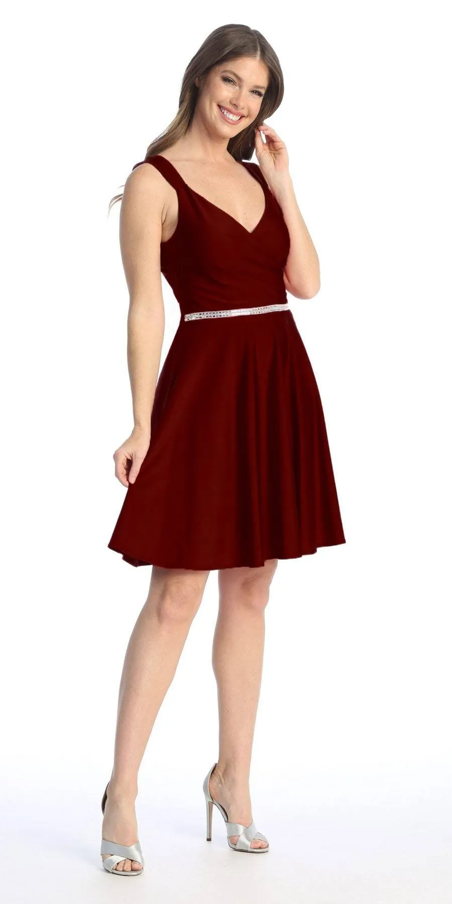 Celavie 6547-S Short V-Neckline Evening A-Line Dress
