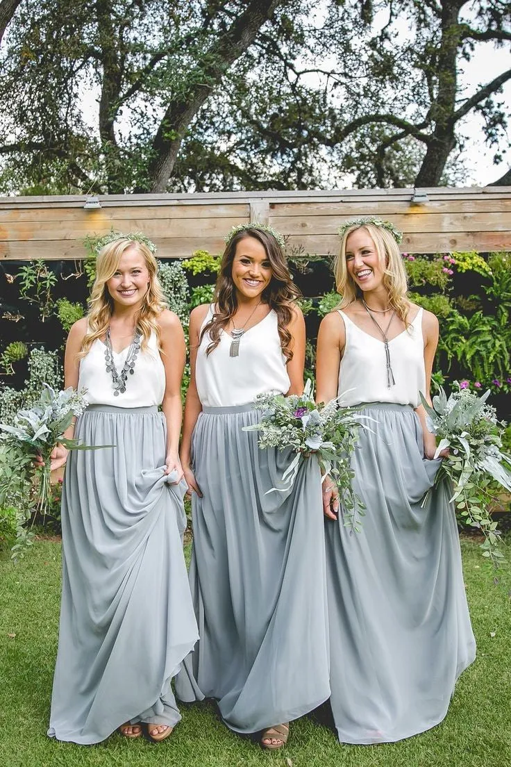 Chiffon Long Boho Bridesmaid Gown with V-neck