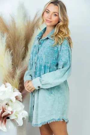 Corduroy Dip Dye Shirt Dress in Teal