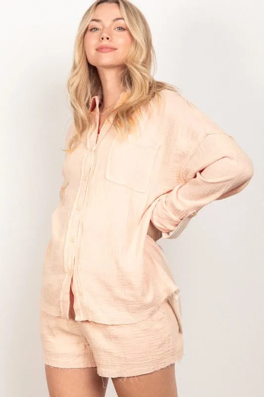 Cotton Gauze Woven Shirt Top & Shorts Set