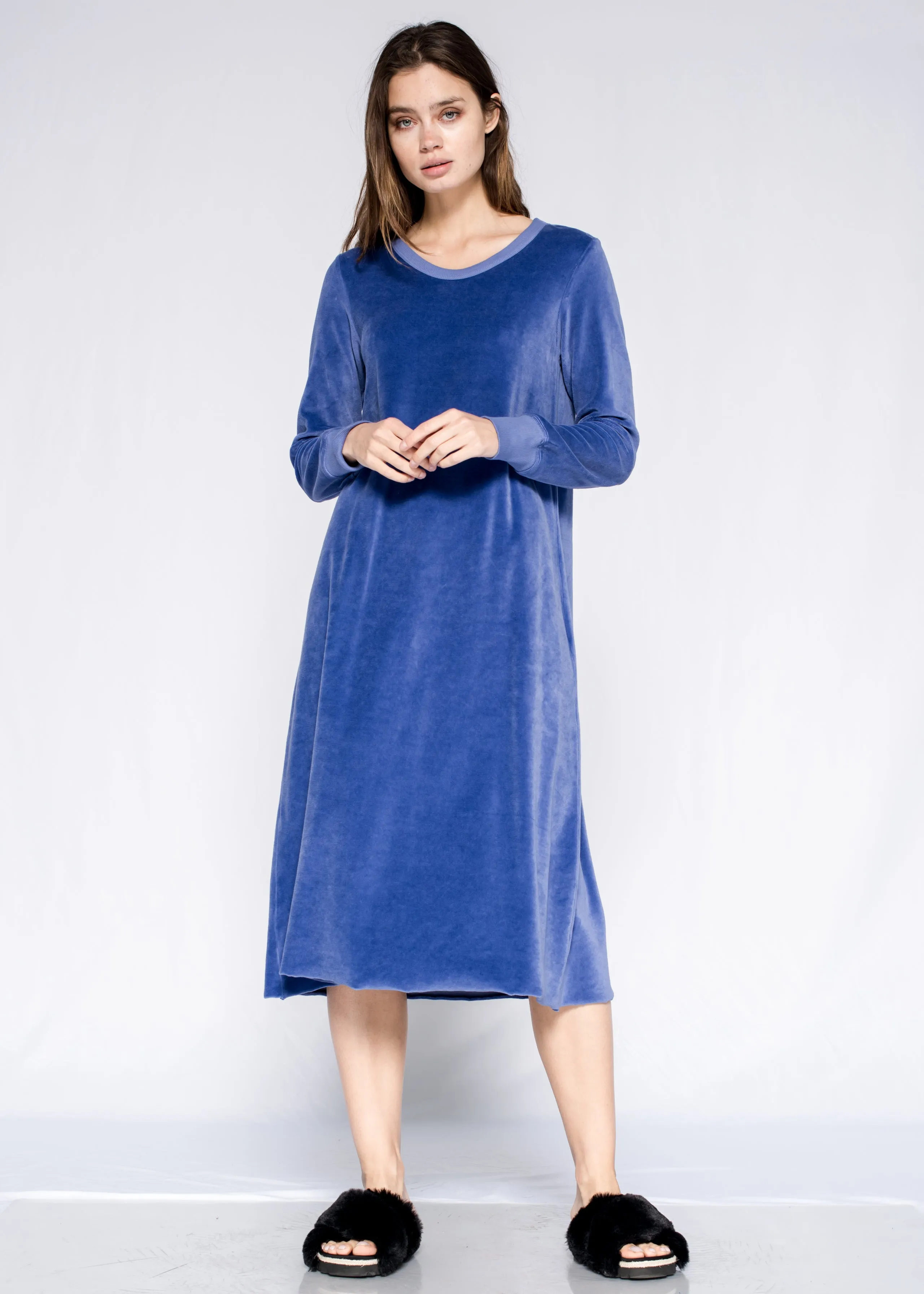 Crew Long Sleeve Long A-Line Raw Hem Velour Dress