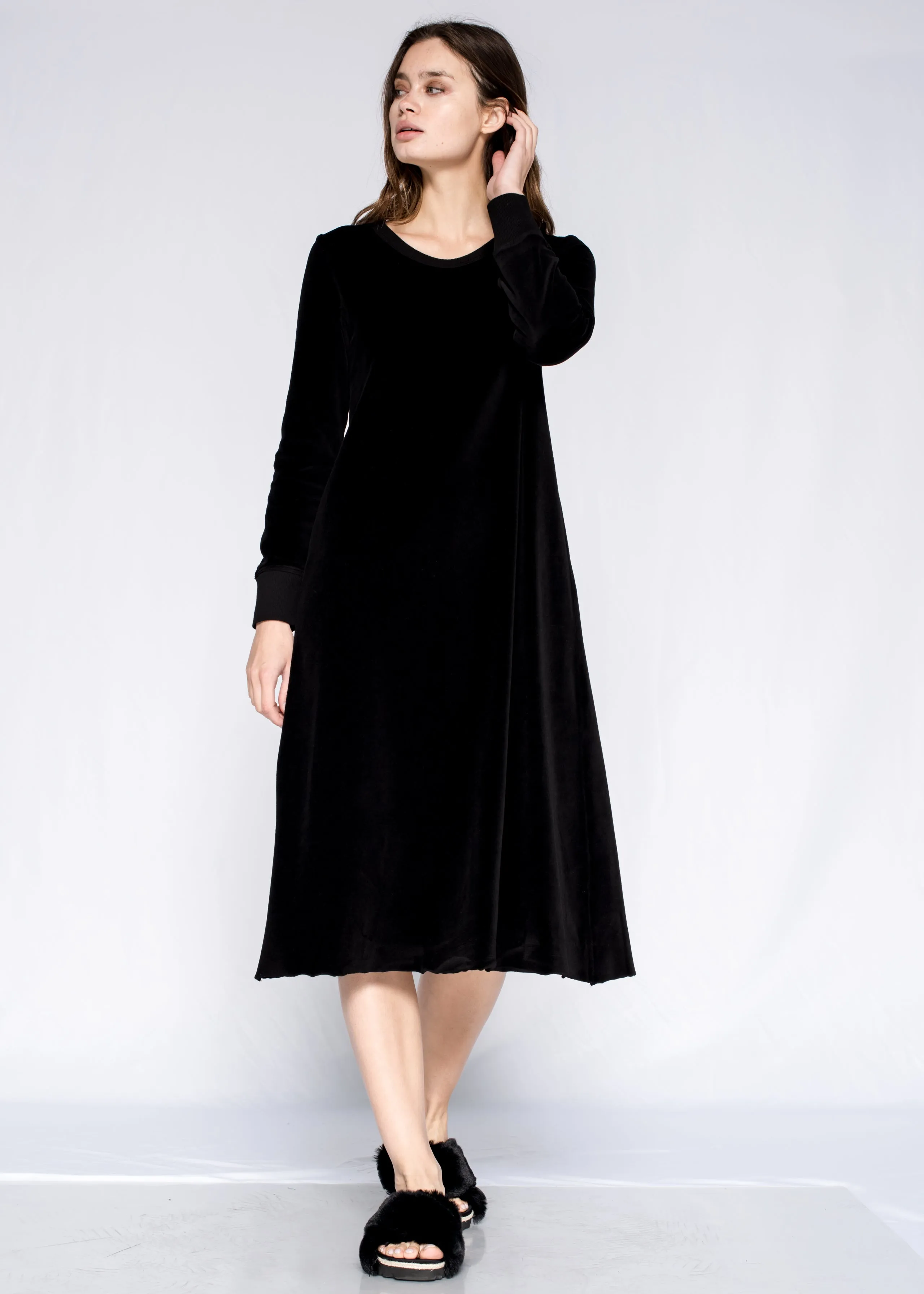 Crew Long Sleeve Long A-Line Raw Hem Velour Dress
