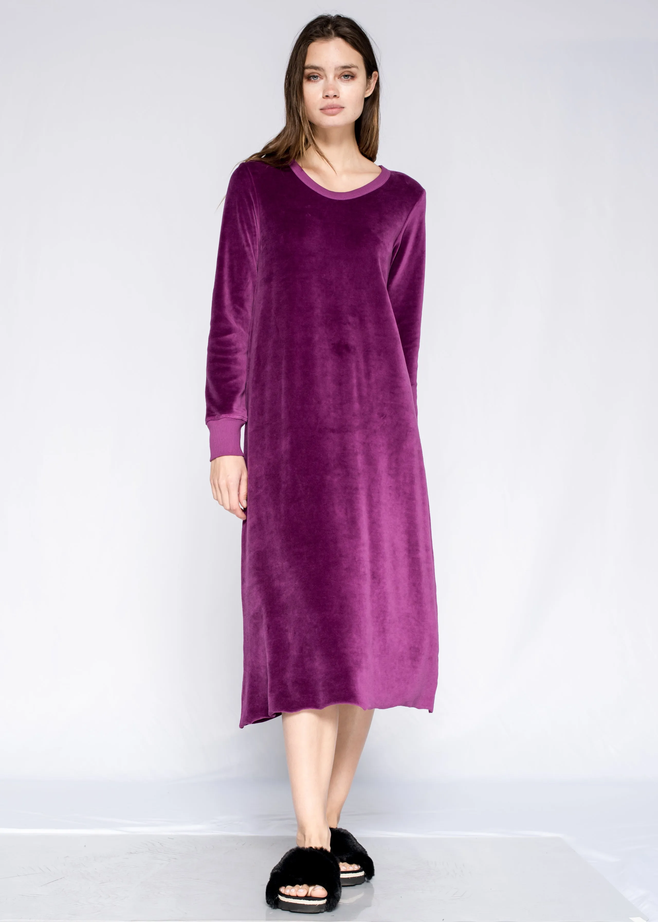 Crew Long Sleeve Long A-Line Raw Hem Velour Dress