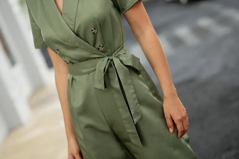 Cross V-neck Tie Waist Short Sleeve Fashion One-piece Cropped Trousers