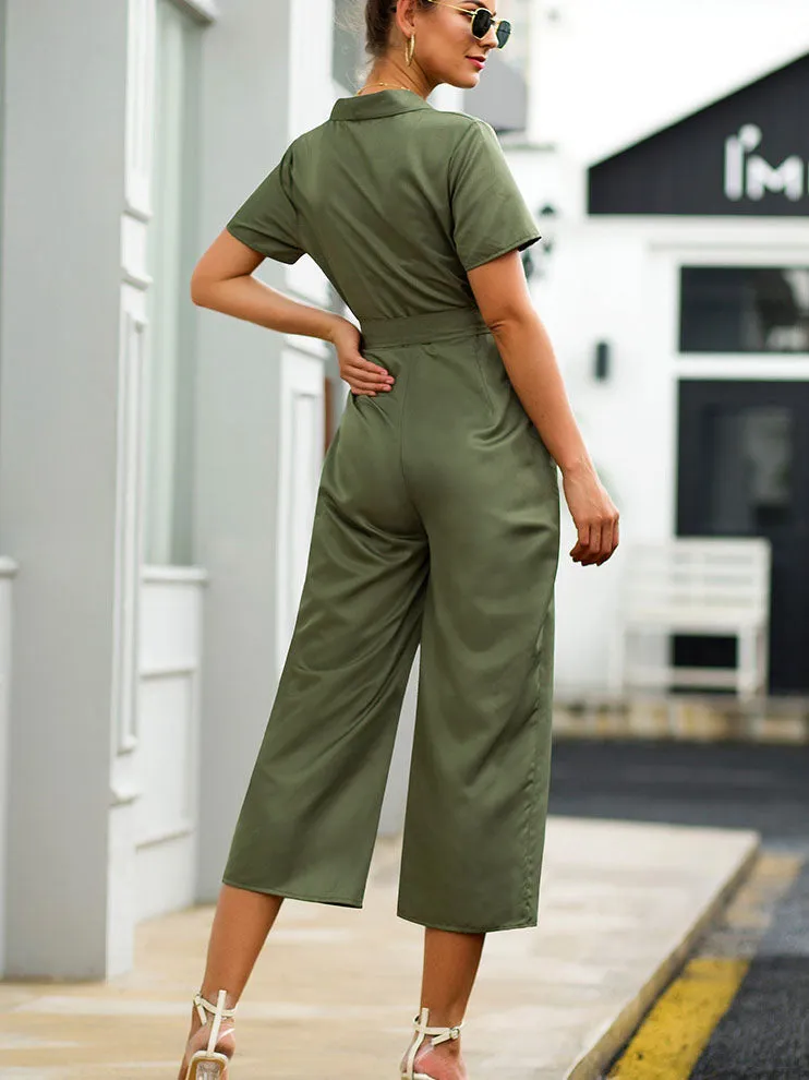Cross V-neck Tie Waist Short Sleeve Fashion One-piece Cropped Trousers