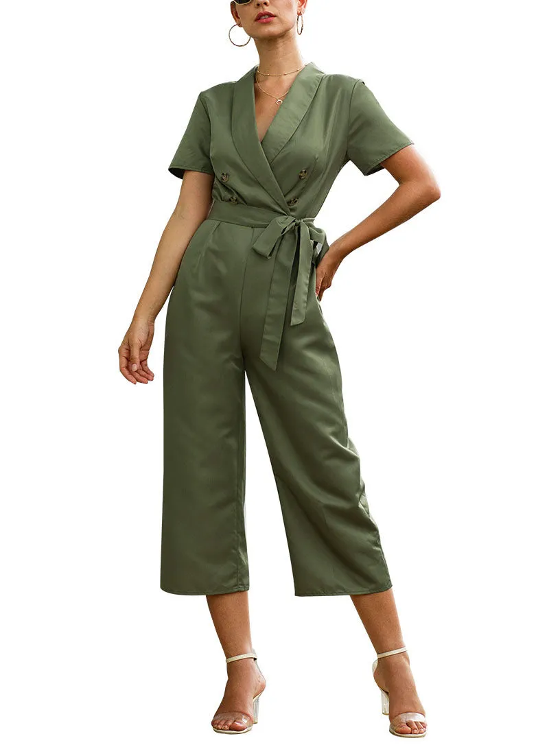Cross V-neck Tie Waist Short Sleeve Fashion One-piece Cropped Trousers