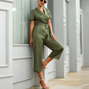 Cross V-neck Tie Waist Short Sleeve Fashion One-piece Cropped Trousers