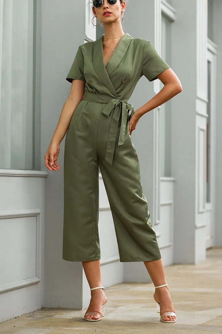 Cross V-neck Tie Waist Short Sleeve Fashion One-piece Cropped Trousers