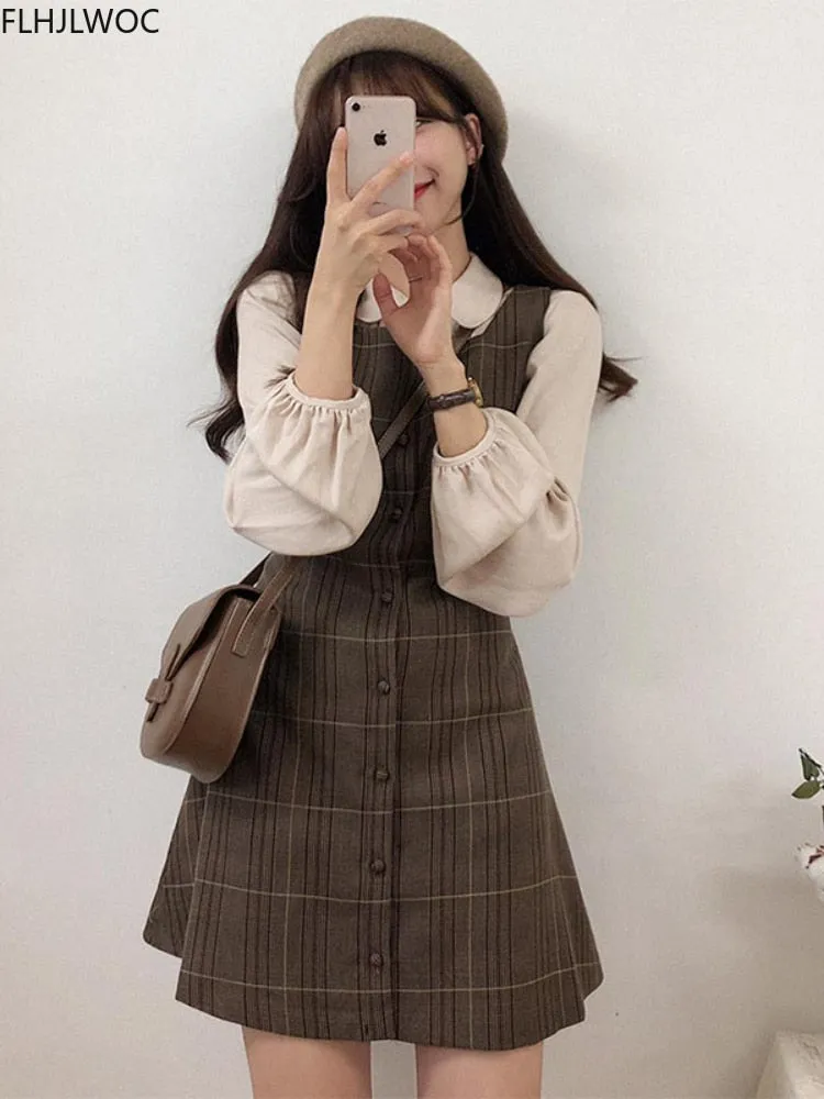 Cute Mini Sleeveless Vest Dress & Shirt Set for Women Retro Vintage Button Shirt & Plaid Dress