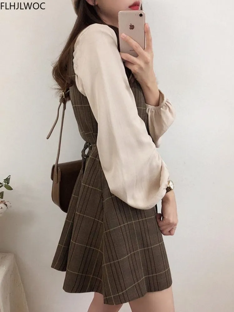 Cute Mini Sleeveless Vest Dress & Shirt Set for Women Retro Vintage Button Shirt & Plaid Dress