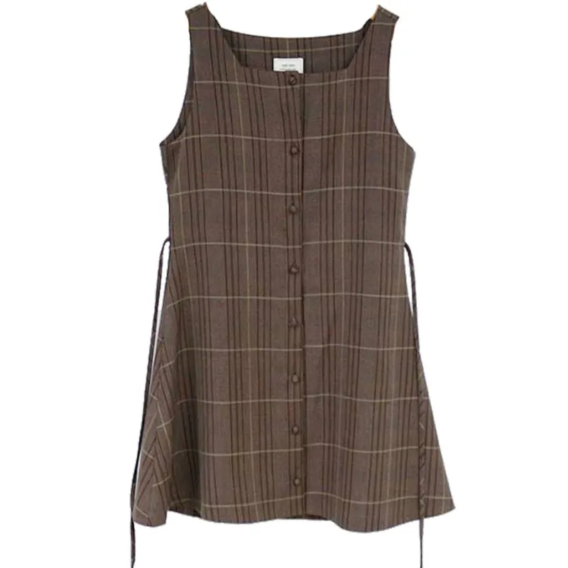 Cute Mini Sleeveless Vest Dress & Shirt Set for Women Retro Vintage Button Shirt & Plaid Dress
