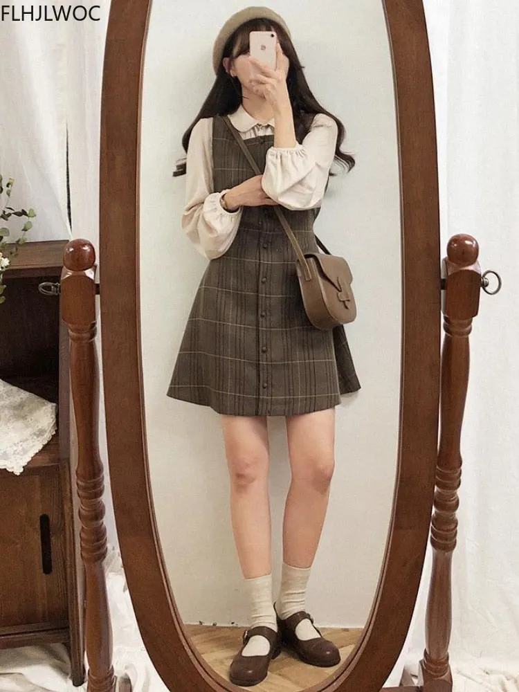 Cute Mini Sleeveless Vest Dress & Shirt Set for Women Retro Vintage Button Shirt & Plaid Dress