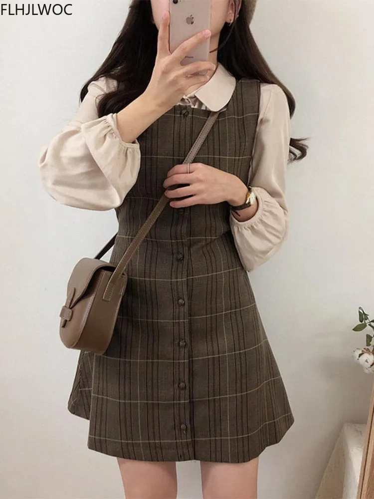 Cute Mini Sleeveless Vest Dress & Shirt Set for Women Retro Vintage Button Shirt & Plaid Dress