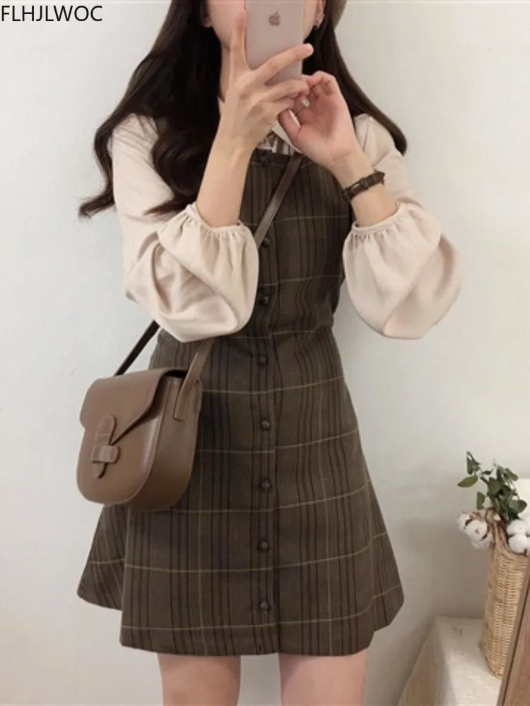 Cute Mini Sleeveless Vest Dress & Shirt Set for Women Retro Vintage Button Shirt & Plaid Dress