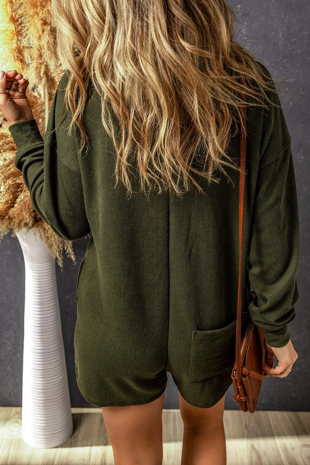 Dark Green Brushed Ribbed Button Split Romper