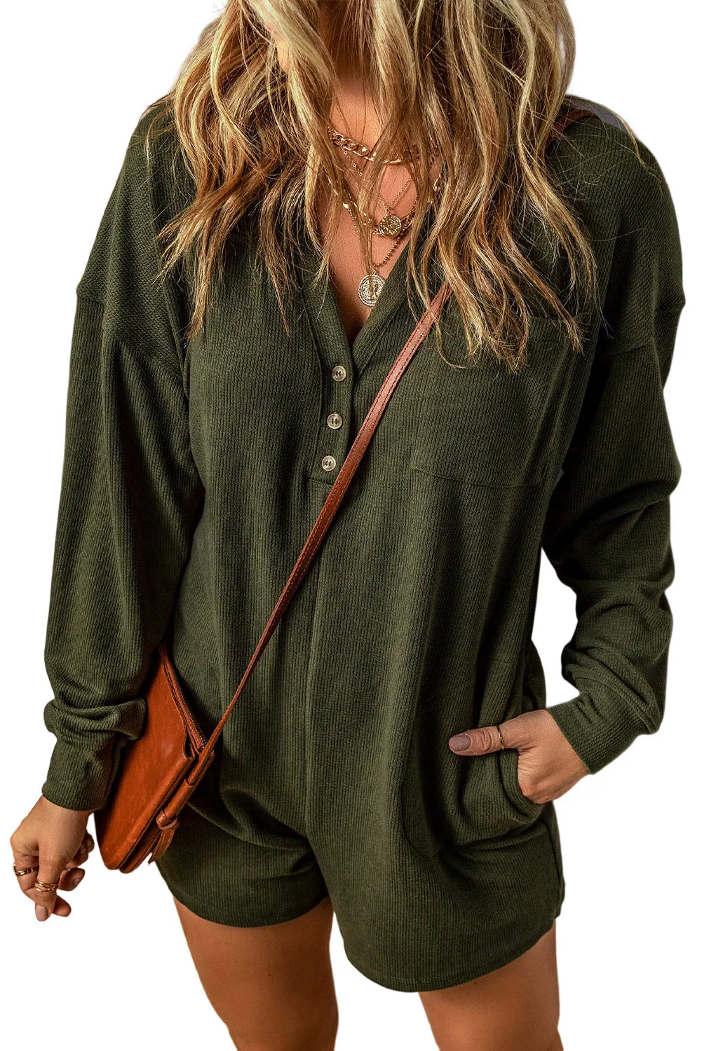 Dark Green Brushed Ribbed Button Split Romper