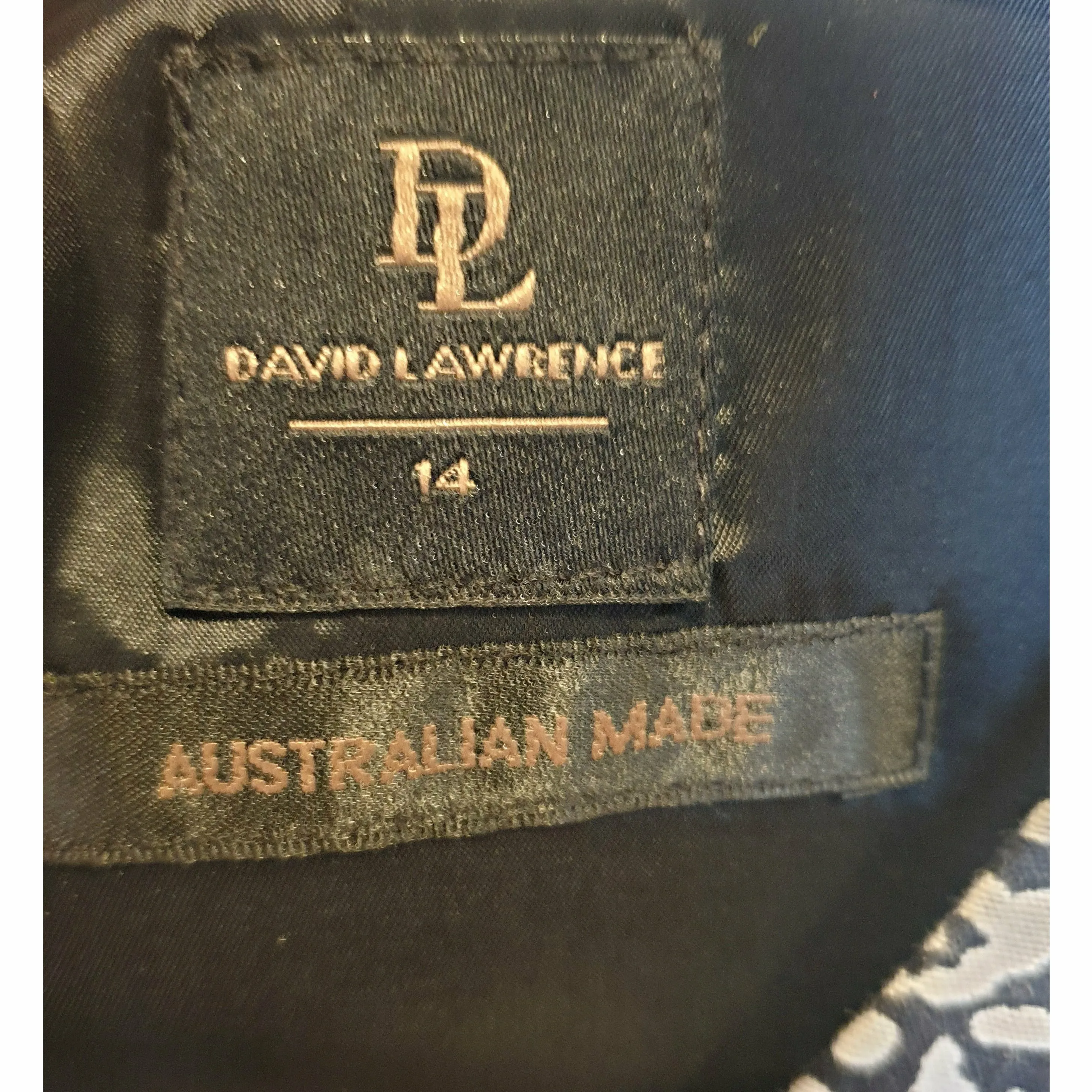 David Lawrence sleeveless black dress with white print size 14