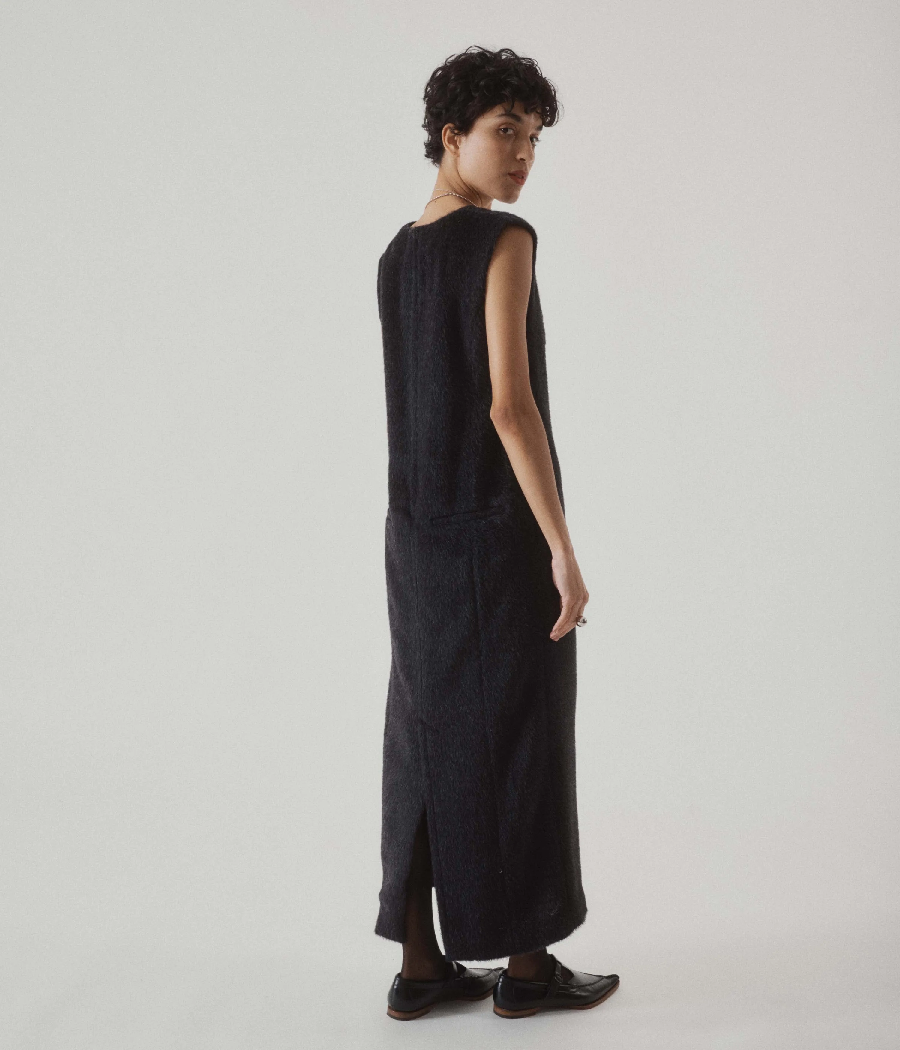 Eco Fur Deep V Dress in Black