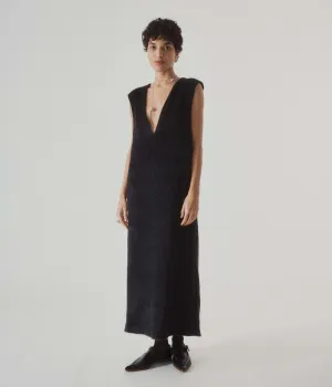 Eco Fur Deep V Dress in Black
