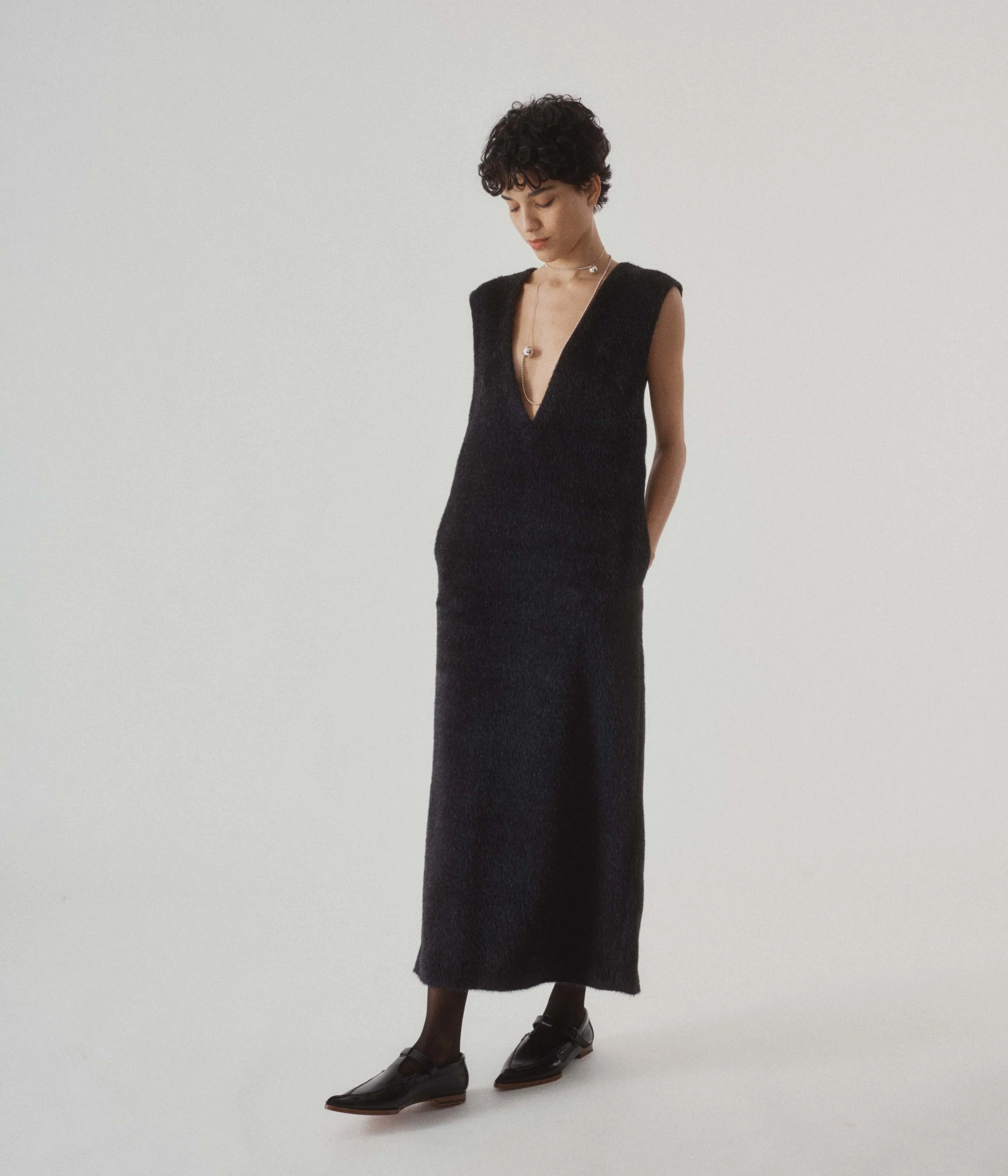 Eco Fur Deep V Dress in Black