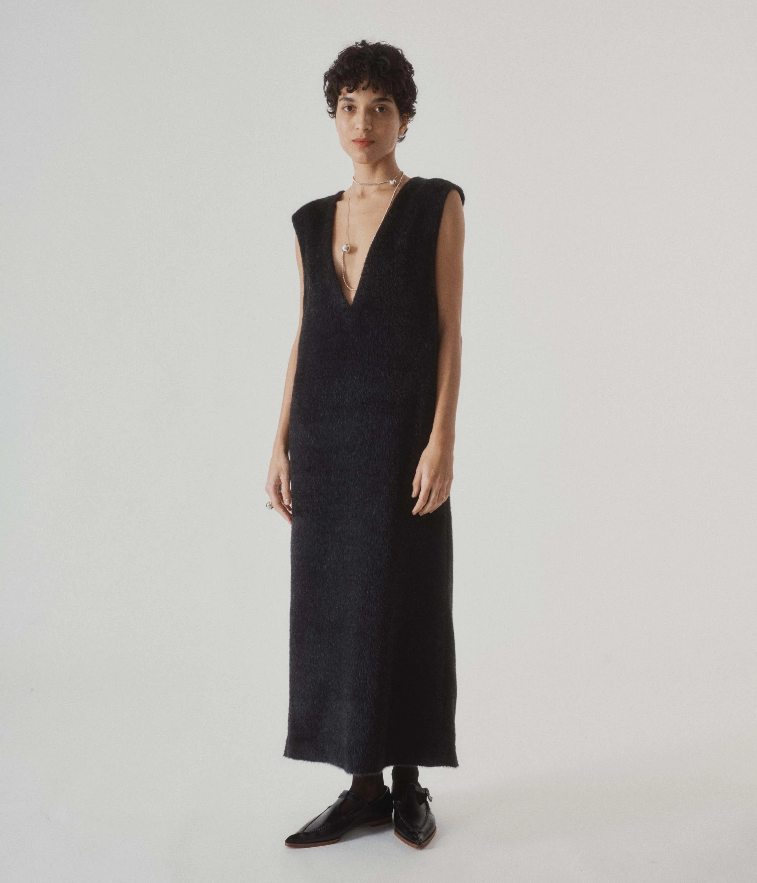 Eco Fur Deep V Dress in Black
