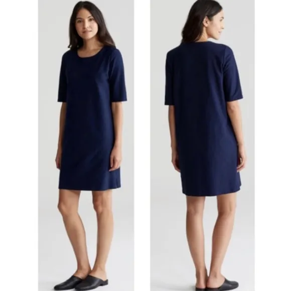 EILEEN FISHER Side Zip Shift Dress Size Small Navy Stretch Crepe