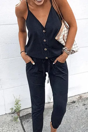 Elegant Solid Buttons With Belt V Neck Loose Jumpsuits